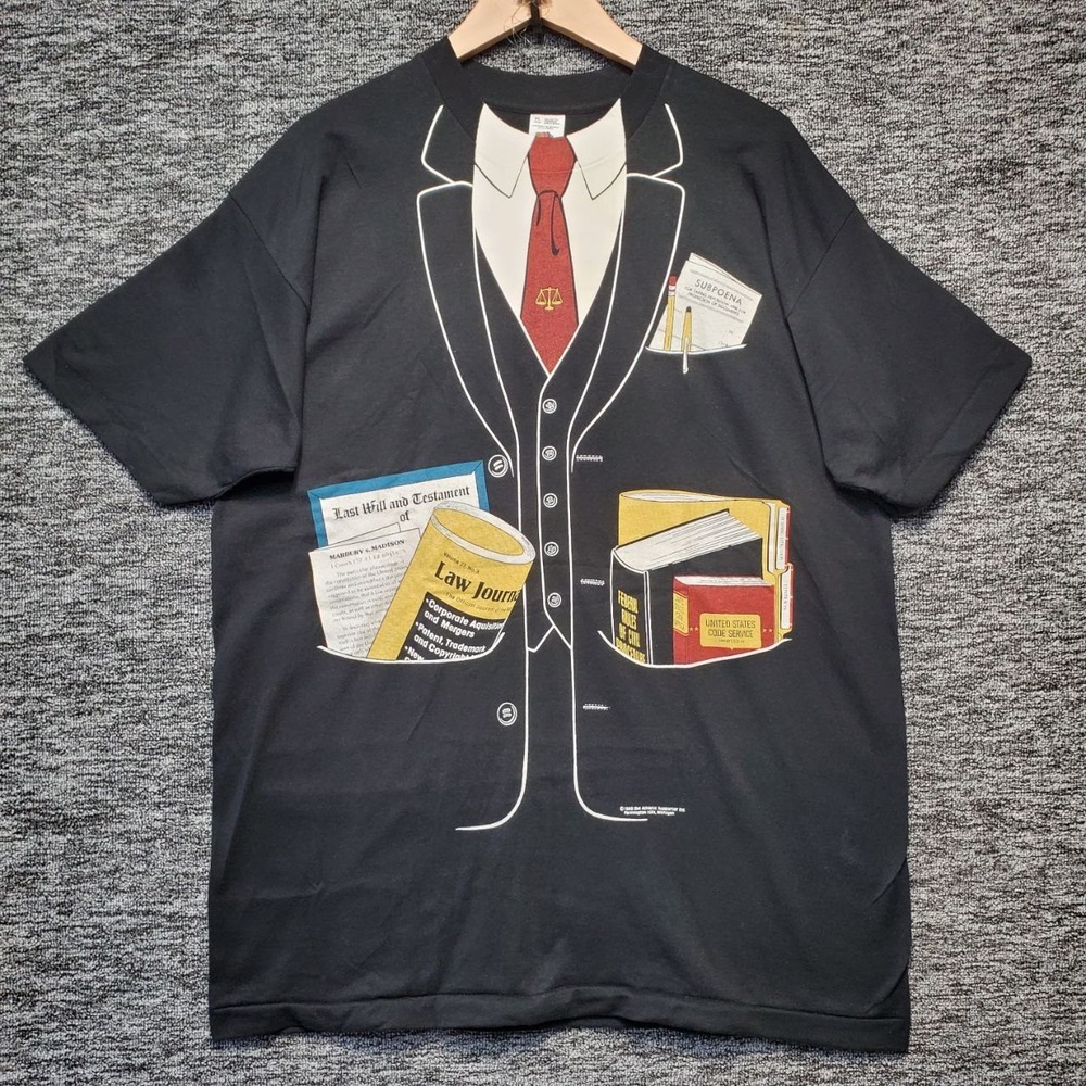 Vintage Lawyer Suit Novelty T-Shirt XL Black Attorney Tuxedo Tie Law Student 90s